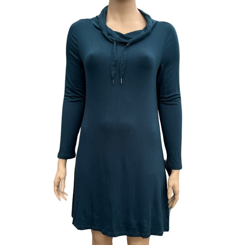 T by Talbots Womens Teal Blue French Terry Cowl Neck Shift Dress Size L